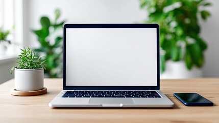 A laptop with a blank screen on a wooden desk, alongside a potted plant and a smartphone, suggesting a workspace.