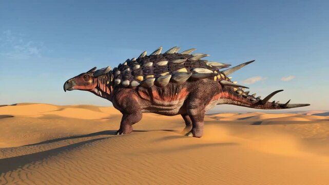 Armored dinosaur traverses sunlit desert landscape.