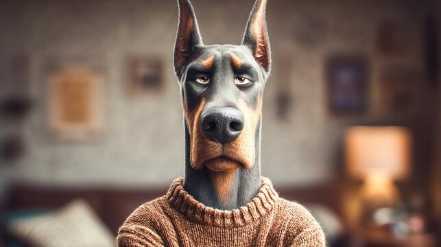 A serious-looking Doberman Pinscher wearing a cozy sweater stands in a room, looking directly at the viewer.