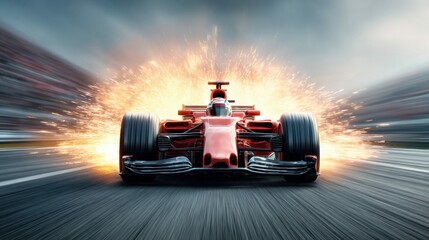 A high-speed formula one race car bursts forward, capturing the essence of speed and competition with dynamic energy, bright sparks, and motion blur.