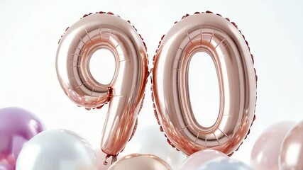 Rose gold 90th birthday celebration with balloons and pastel decor