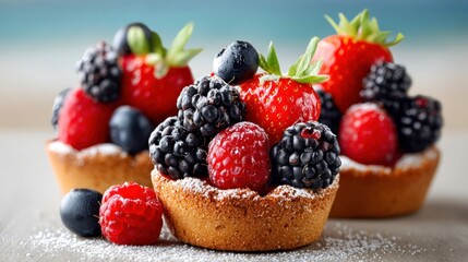 Close-up of delicious berry tarts, showcasing a mix of fresh raspberries, blackberries, strawberries, and blueberries, dusted with powdered sugar.