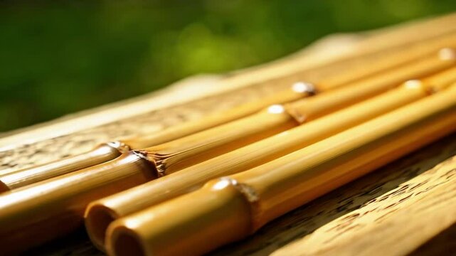 Close-up view of bamboo flutes arranged on a wooden surface, surrounded by lush greenery, showcasing the craftsmanship and natural materials, ideal for music-related projects or cultural themes