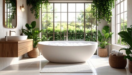 Modern Bathroom With Plants And Large Windows