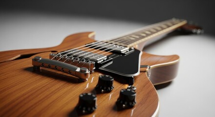 Close-up of the body and strings of a classic hollow-body electric guitar with a warm, natural wooden finish, showcasing its detailed craftsmanship.
