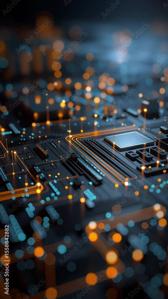 Poster futuristic circuit board with glowing orange and blue connections symbolizing data flow and advanced