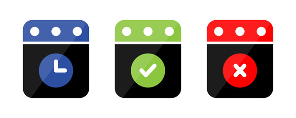 Task Status Calendar Icons – Pending, Approved, Rejected. Calendor Clock, Check, Cross Notifications Icons. Vector illustration concept