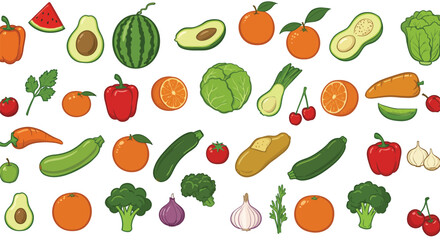 Colorful Food Group Illustration – Fruits, Vegetables, Meats, Dairy & Grains