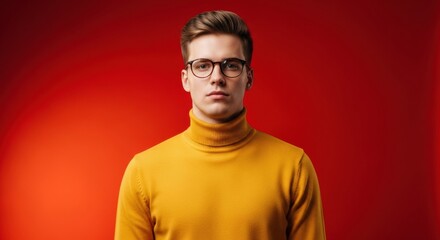 Fototapeta premium Frontal portrait of a young, confident man with neat brown hair and round glasses, dressed in a striking yellow turtleneck sweater, against a solid red backdrop.