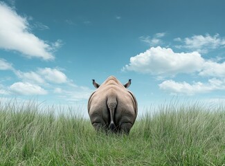 Rear view of rhino standing in tall grass under a blue sky.