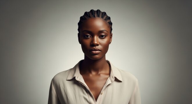 Frontal portrait of a beautiful young Black woman with neatly cornrowed hair, wearing a relaxed beige blouse, looking calmly at the camera against a grey background.