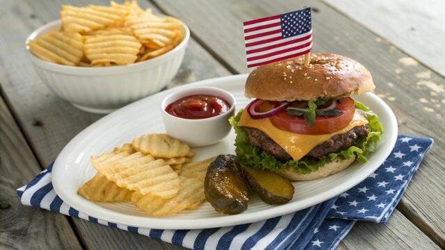A delicious classic american cheeseburger topped with an american flag served with crinkle cut fries and ketchup on a wooden table