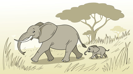 Fototapeta premium Elephant Herd – Mother and Baby Walking Together