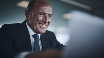 Smiling Mature Businessman Working on Laptop, Engaged and Happy in Professional Office Environment