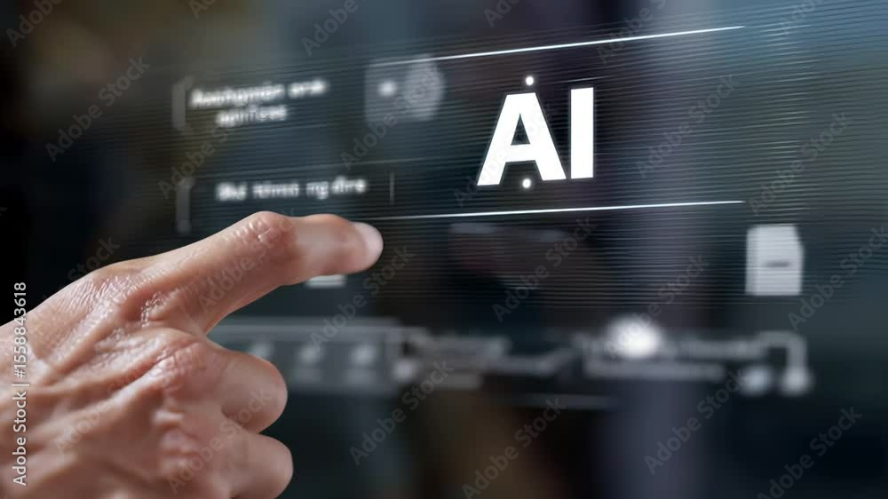 Aufkleber close-up of a hand touching a transparent digital screen with ai interface icon in a futuristic sett