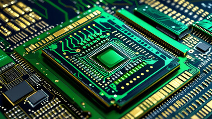 Green electronic printed circuit board, a digital technology semiconductor with microchips and capacitors, forms the intricate hardware of a computer's processor