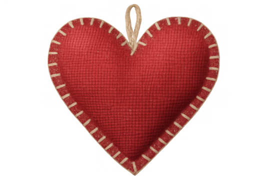 Soft red fabric heart dangling from fine string, symbolizing romantic sentiment against transparent backdrop for valentine's design