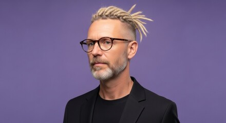 Fototapeta premium Portrait of a distinctive mature man with short, blonde dreadlocks styled to the side, a salt-and-pepper beard, and glasses, wearing a black blazer against a purple background.