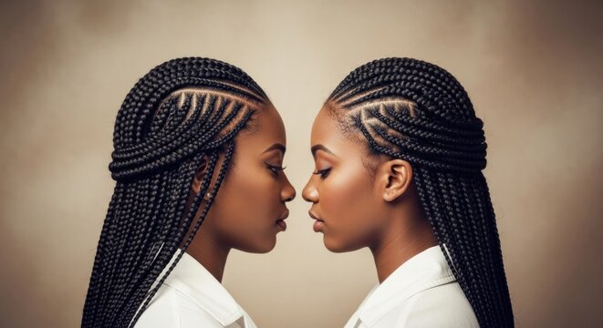 Two young Black women with perfectly styled cornrow and box braids facing each other in profile, showcasing intricate traditional African hairstyles against a warm background.