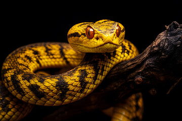 Obraz premium Close-Up of Vibrant Yellow Viper Coiled on Branch for Exotic Reptile and Wildlife Photography