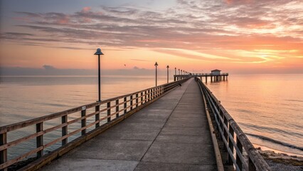 Obraz premium Serene pier extending into calm waters at sunset with colorful clouds.