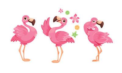A collection of Colorful Cartoon Flamingos depicted in various Playful Poses and scenes