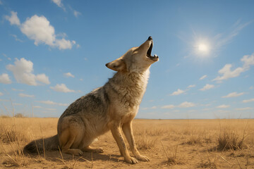 Fototapeta premium Coyote Howling at the Sun in Dramatic Desert Landscape for Wildlife and Nature Photography