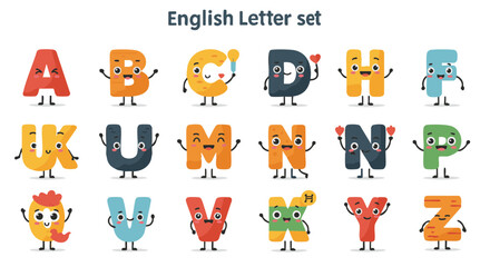 English Alphabet Letters with Cute Faces and Arms, Flat Vector Icons