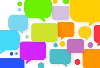 Flat design speech bubbles forming a network, vibrant colors on white background,  symbol,  visual communication