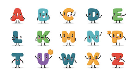 Obraz premium English Alphabet Letters with Cute Faces and Arms, Flat Vector Icons