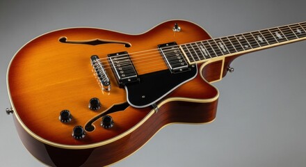 Obraz premium A stylish, semi-hollow body electric guitar with a classic sunburst finish, f-holes, and chrome hardware, presented against a clean grey background, perfect for music themes.