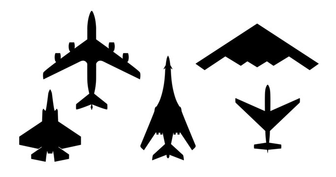 Military Aircraft and Stealth weapon icons set isolated on white background Silhouettes