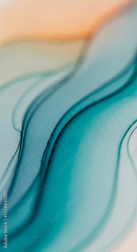Poster abstract image of flowing teal and peach hues, creating a smooth, wave-like texture, suggesting sere