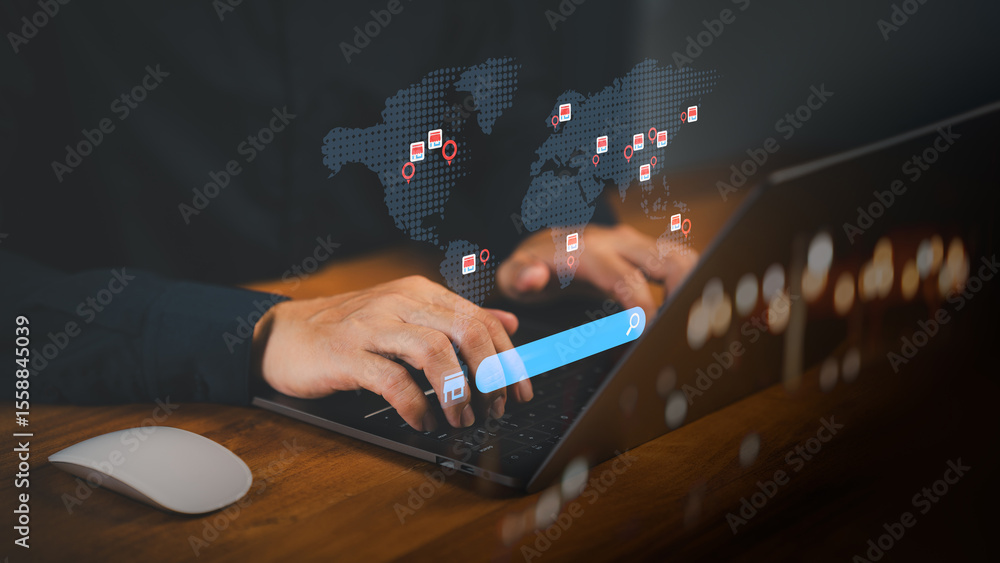 Poster customer using a laptop with a world map, showing store icon and search bar representing global e-co