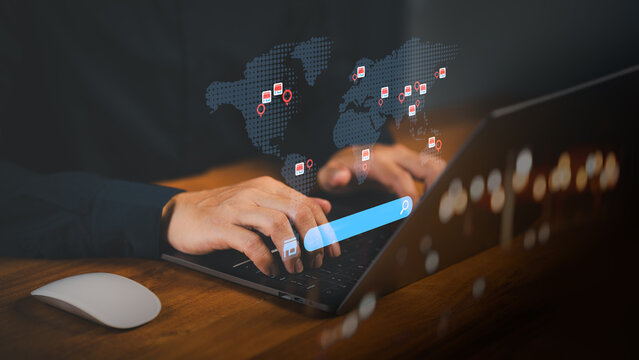 Customer using a laptop with a world map, showing store icon and search bar representing global e-commerce, online store locator, franchise and worldwide business expansion through digital technology.