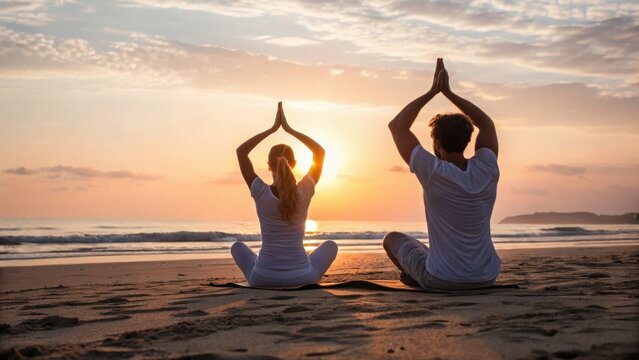 Couple practicing yoga at sunset on the beach, promoting tranquility and connection with nature.