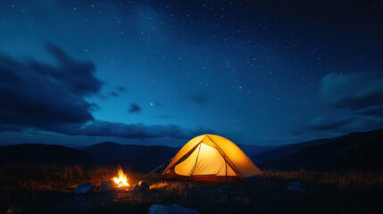 Night camping scene with glowing yellow tent and campfire under starry sky perfect for adventure travel content and outdoor lifestyle