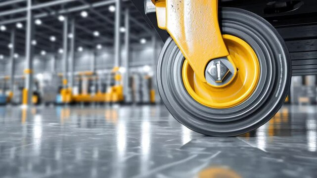 Close-up of a yellow caster wheel on industrial equipment in a modern warehouse with reflective flooring. Concept of logistics, material handling and warehouse efficiency
