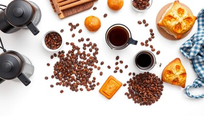 Flat lay of coffee brewing equipment, beans, cups, pastries, and accessories on white background,  pastries,  equipment