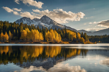 Golden Aspen Forest Reflecting in Calm Lake Below Snowy Mountains autumn trees