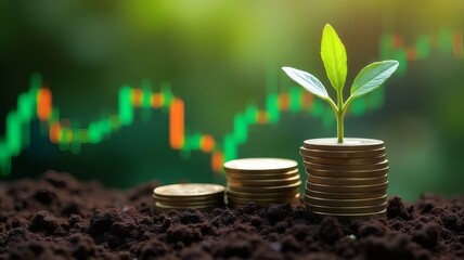 Green Plant on Coins with Stock Graph Financial Growth
