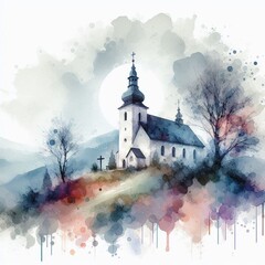Peaceful Hilltop Chapel Under Blue Sky. AI generated illustration