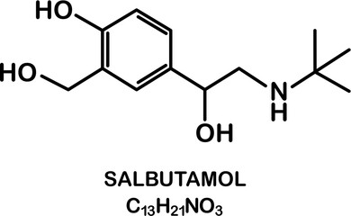 Chemical structure of salbutamol or albuterol. Relievers inhalers active molecule.