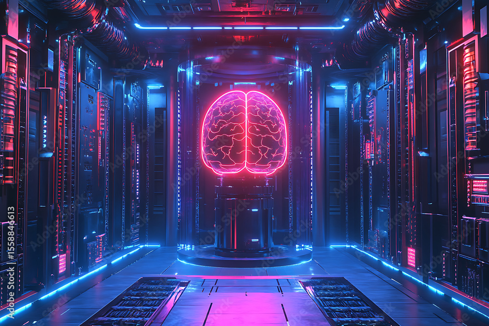 Poster futuristic digital brain in a neon-lit tech environment with glowing circuitry