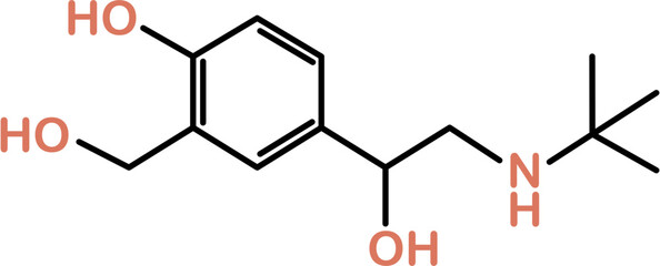 Chemical structure of salbutamol or albuterol. Relievers inhalers active molecule.