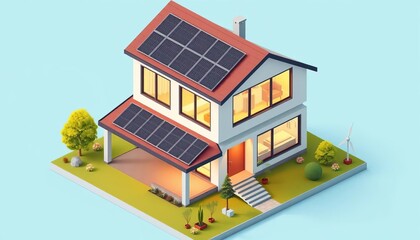 Flat isometric smart home illustration with solar panels and energy efficient design,  energy,  design