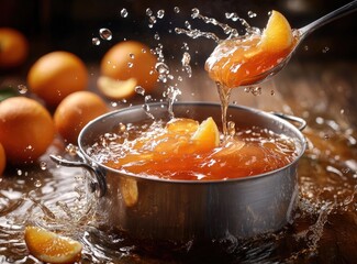 Orange slices added to simmering pot of hot water, creating splashes.