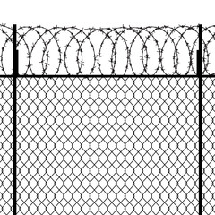 Prison wire metal chain fence security wall vector background. Steel prison wire fence razor barbwire section