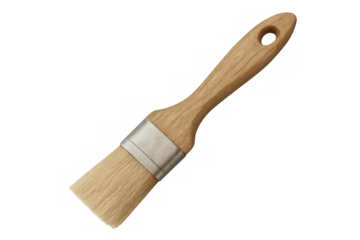 Pristine paintbrush featuring wooden handle, metal ferrule, positioned against transparent backdrop, waiting for creative artistic endeavors