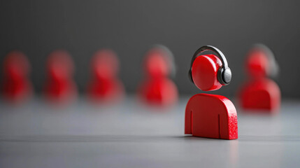 A red wooden figure with headphones on, standing in front of a blurred row of similar figures.